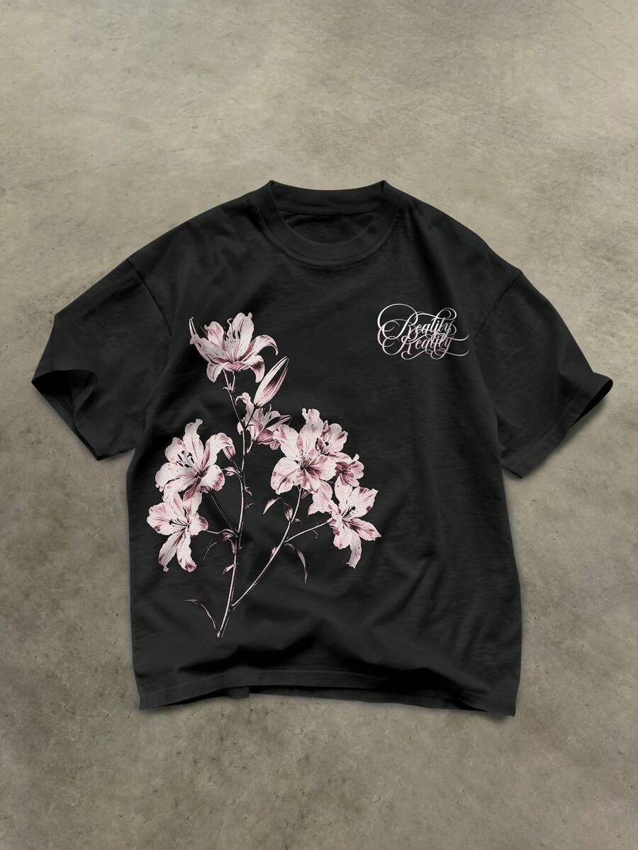 Manfinity Roghcode Men's Letter Floral Print Short Sleeve Crew Neck Casual Streetwear T-Shirt Going Out Black Floral Summer - Black - View 1