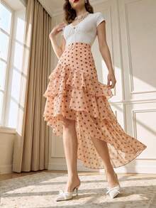 Suri Mira Falda Romántica Francesa Elegante Retro con Patrón de Lunares Marrones, Volantes Multicapa y Dobladillo Asimétrico, para Citas, Té de la Tarde, Fiestas y Aire Libre, Verano/Otoño - Rosa coral - Ver 2