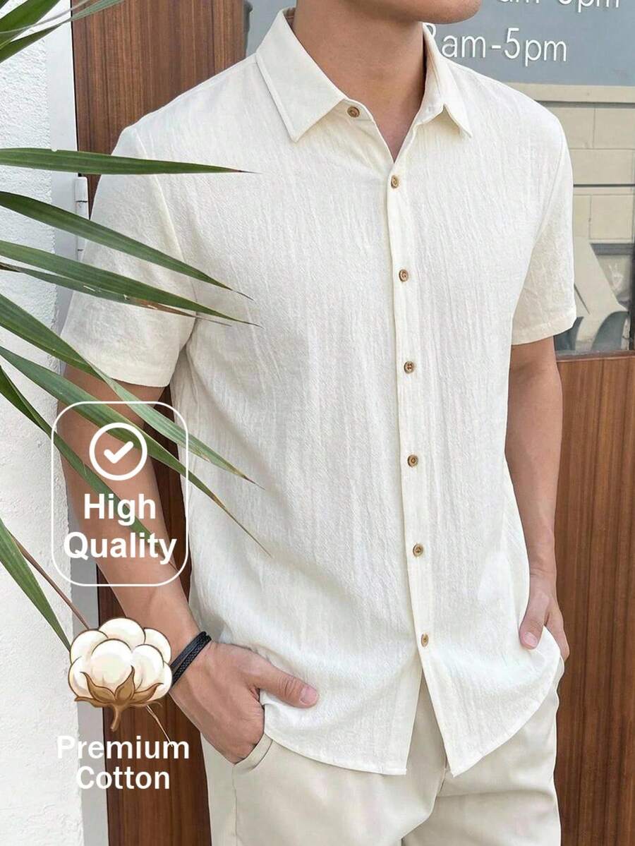 HIMLAND 男士純色單排扣休閒百搭日常穿著襯衫 - 杏色 - 查看 1