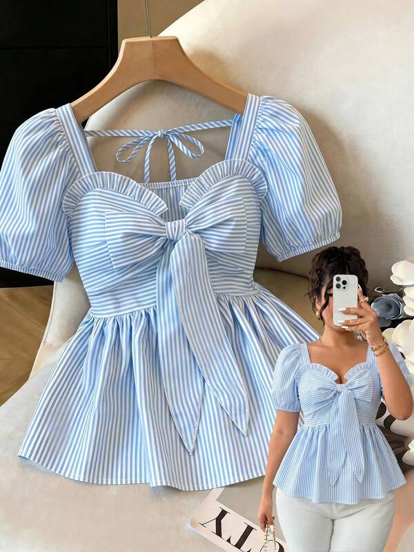 Franclia Áo blouse nữ size lớn mới màu xanh kẻ sọc, nơ trước, tay cánh hoa, eo chiết, gấu xòe bồng bềnh, phong cách Pháp, mặc thường ngày/đi làm/đi du lịch, áo top mùa hè dễ thương kiểu baby doll, phong cách thủy thủ, size petite XXS, mẫu mới nhất, tay phồng