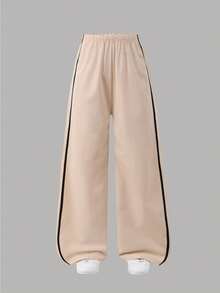 SHEIN Sparklyn Teen Girls Straight Classic Casual Pants, Spring/Autumn, Double-Layer Waistband, Simple And Comfortable Sweatshirt Fabric, Summer, Minimalist, Solid - Apricot - View 8