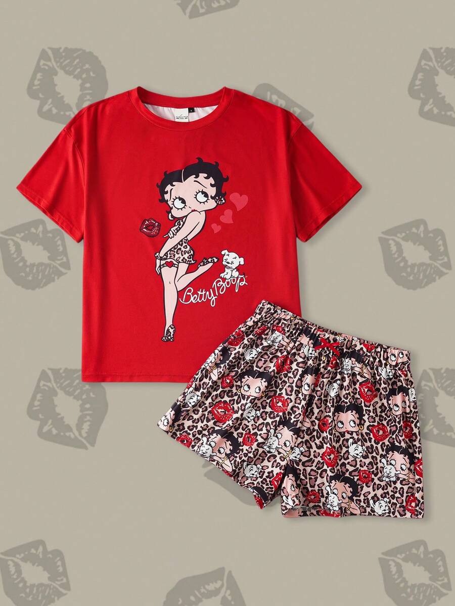 Betty Boop x SHEIN 女士舒适卡通肖像图案圆领短袖T恤和豹纹短裤睡衣套装,夏季 - 紅色 - 查看 1