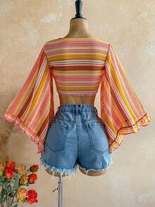Soleia 女款度假條紋喇叭袖前綁帶短版上衣 - 彩色 - 查看 2