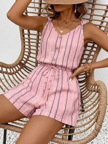 SHEIN Frenchy 女款條紋鈕扣設計腰部綁帶無袖連身褲 - 彩色 - 查看 4