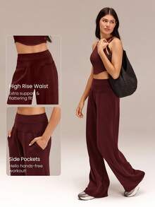 GLOWMODE 32'' Tall SoftCalm Modal Glow Soft Silky-Soft Smooth Breathable Relaxed Fit High-Rise Waist Side Pockets Tall Wide Leg Lounge Pants Daily Casual Wear - Burgundy - View 3