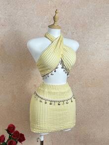 Sunnyshic Women's Summer Star Moon Decor Crop Top Camisole Backless Skirt Outfit, Beach Vacation Wear, Casual Sexy Holiday, Bohemian Style Tropical, Pale Yellow - Light Yellow - View 5