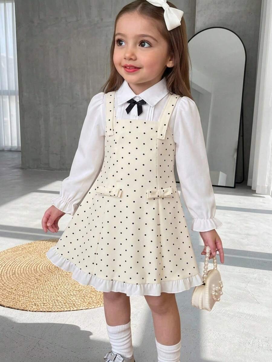 Elladie kids 女童甜美清新學院風波點印花二合一長袖背心裙，襯衫領、黑色蝴蝶結、荷葉邊飾、肩帶、收腰、A字裙擺，柔軟親膚舒適百搭，適合上學、生日、派對