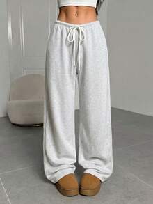 SHEIN EZwear 灰色針織女款抽繩腰鬆身長褲休閒運動褲 - 淺灰色 - 查看 6