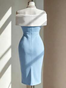 Fine & Folde Women's Colorblock Off-Shoulder Fitted Elegant Romantic Short Dress Wedding Party Mother Of The Bride Light Blue And White Summer - Blue - View 2