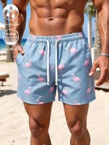 Manfinity KASUA Men's Flamingo Print Drawstring Waist Casual Beach Shorts - 霧霾藍 - 查看 1