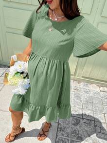 Boho Mama Maternity Solid Color Round Neck Short Sleeve Ruffle Hem Casual Dress - Green - View 7