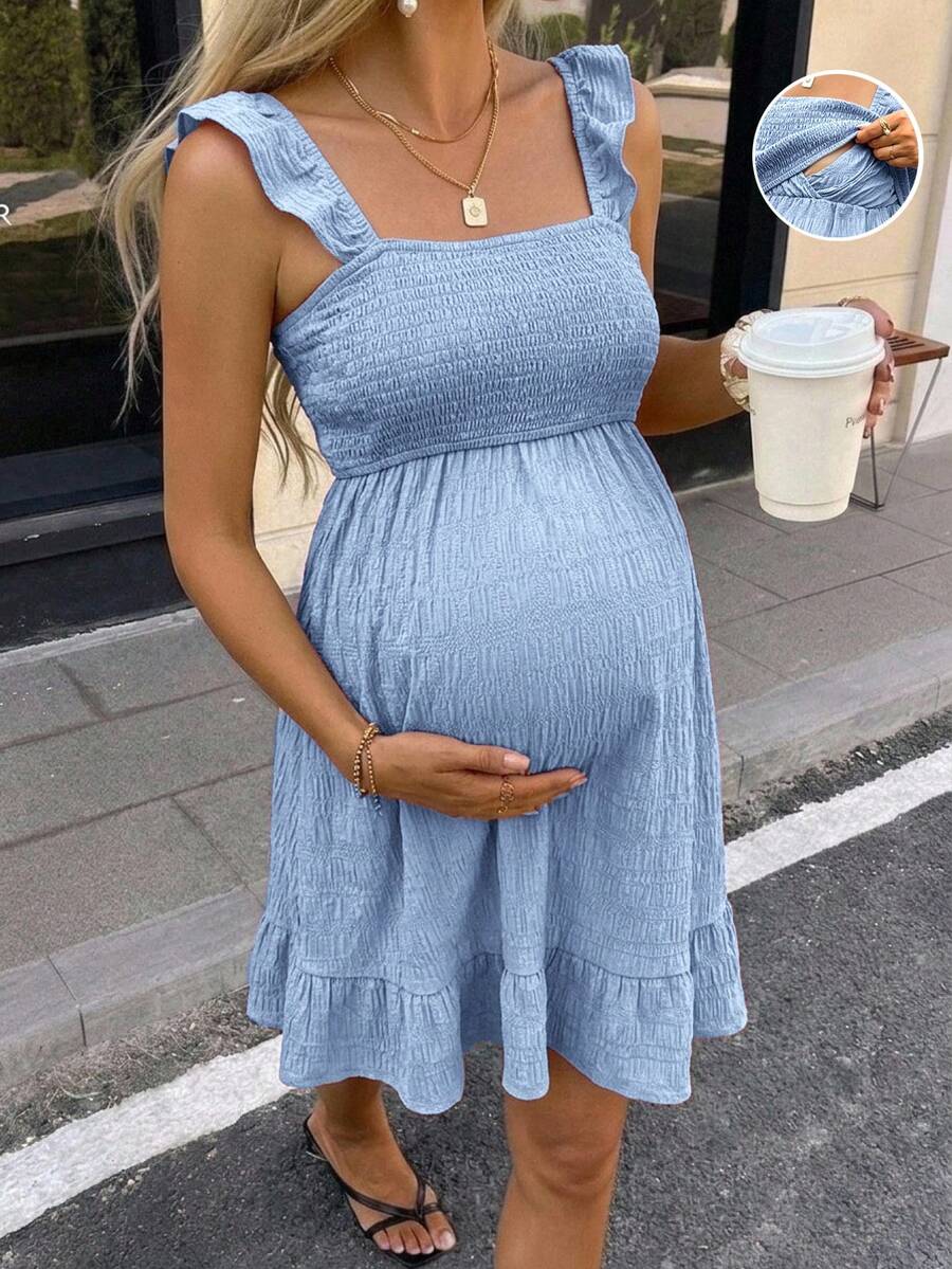 SHEIN Maternity Solid Color Nursing Function Casual Daily Wear Dress Photoshoot - Baby Blue - View 1