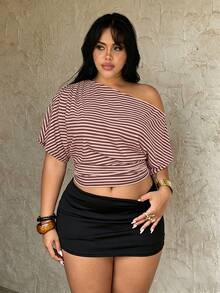 Rustia Plus Size Women's Asymmetrical Shoulder Striped T-Shirt, Casual And Comfortable - Pink - View 4
