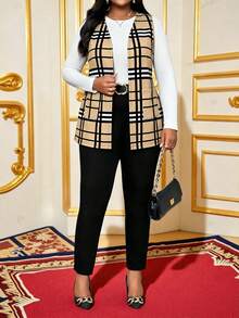 SHEIN Lady 大尺碼女款格紋休閒商務休閒優雅百搭日常穿搭背心外套 辦公正式 卡其色、黑色與白色格紋 夏季 - 卡其色 - 查看 7