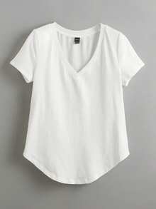 SHEIN BASICS Women Solid V-Neck Short Sleeve Casual Top, Everyday Wear Tops For Women White Tops - White - View 6