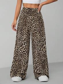 Vivamere Leopard Print Women's Wide Leg Trousers ,Petite Women - Multicolor - View 4