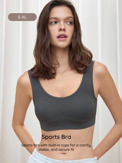 Bralution Grey Knit Ribbed Removable Padding Casual Yoga Sports Daily Comfortable Women's Sports Bra