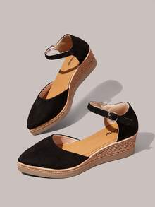 Styleloop Sandalias de mujer estilo bohemio con cuña de paja y cuerda de cáñamo, punta fina, plataforma retro, botón y tacón alto tipo romano - Negro oscuro - Ver 6
