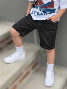Kids Tween Boy Casual Daily Denim Shorts With Pockets And Buttons - Black - View 7