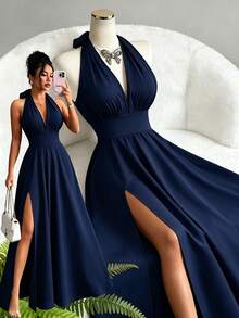 Women Long Dresses - Navy Blue - View 2