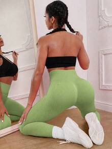 Gameset SHEIN Sport 女款高腰無縫緊身褲－收腹顯瘦提臀跑步運動褲 - Limelight Green - 查看 2