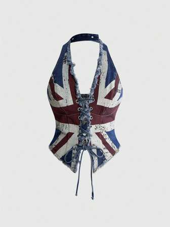 ROMWE Avant Top en jean floral vintage usé à lacets et effiloché pour femmes grande taille