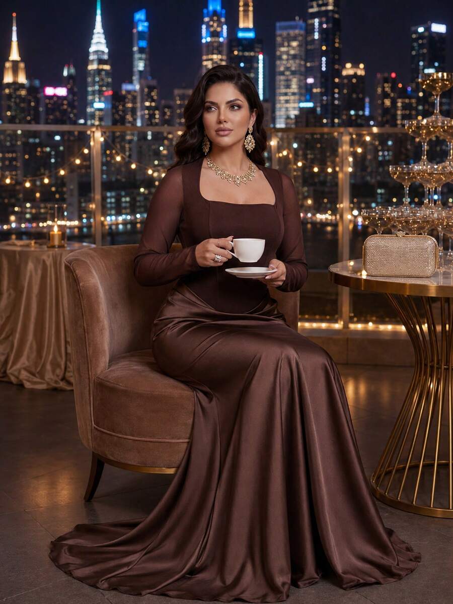 SHEIN Lady CURVE 大尺碼女款棕色長袖方領網紗優雅洋裝 - 棕色 - 查看 1
