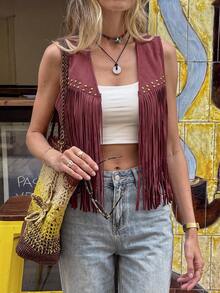 Brillora Fringe Trim Open Front Vest Summer Jacket In Fall/Winter - Burgundy - View 13