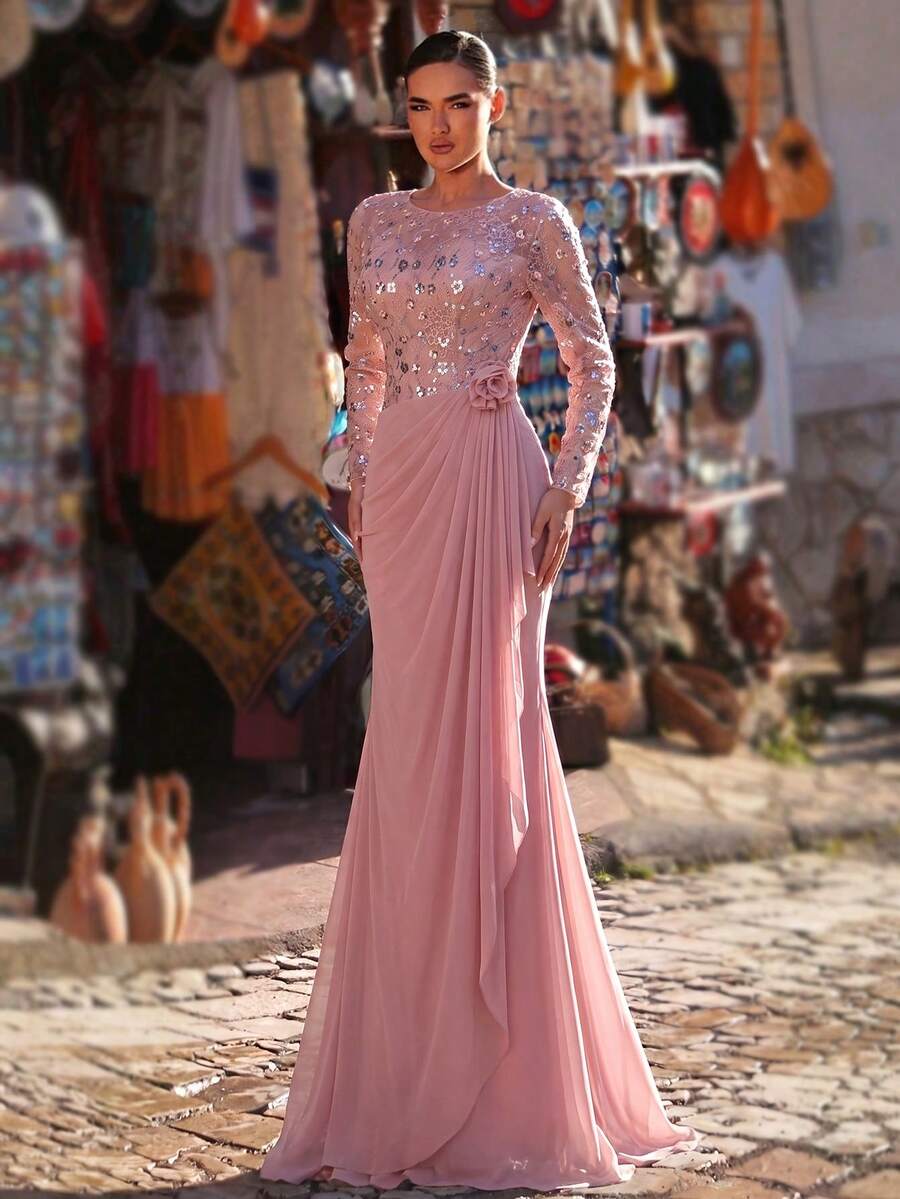 Aureia Elegant Romantic Blush Pink Round Neck 3D Floral Embroidery ...
