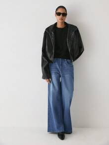 YARNWELL 女款直筒寬鬆休閒百搭牛仔褲，附口袋 - 藍色 - 查看 5