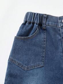 SHEIN 女童夏季棉質水洗多功能時尚休閒舒適寬鬆彈性腰藍色水洗牛仔長褲 - 藍色 - 查看 5