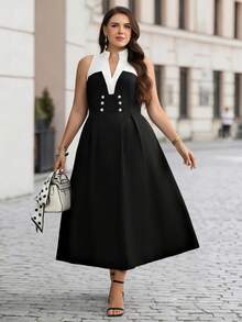 SHEIN Clasi CURVE Women's Plus Size Black And White Decorative Buckle Waist-Cinching Spring/Summer Dress Teachers' Day Formal Brunch Eleganza Elegant - Black and White - View 6