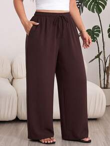 Solflare Plus Size Solid Color Casual Drawstring Waist Pocket Loose Long Pants - Coffee Brown - View 5