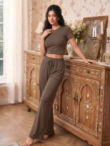 Modelyn Basic Solid Color Short T-Shirt For Women, New Spring/Summer Casual Wear - Chocolate Brown - View 7