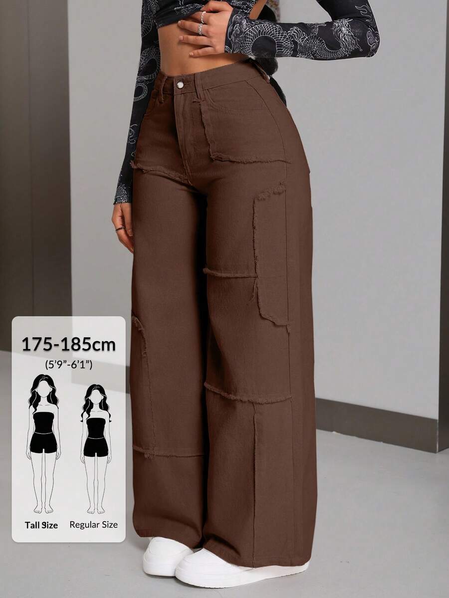 SHEIN Tall 女款口袋毛邊寬腿寬鬆休閒牛仔褲,適合高個女性 - 咖啡棕 - 查看 1