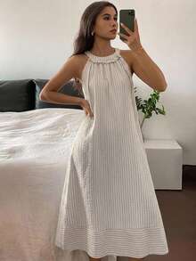 DAZY 女款無袖條紋A字長洋裝，夏季休閒居家服睡裙 - 霧霾藍 - 查看 5