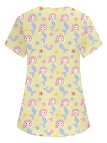 PopScrub V-Neck Short Sleeve Double Pocket Cute Cartoon Mermaid Print Nurse Doctor Work Uniform Top, Health Checkup Surgery Uniform, Beauty Nutritionist Work Uniform, Lab Uniform, Functional Holiday, Summer Women's Top - Yellow - View 2