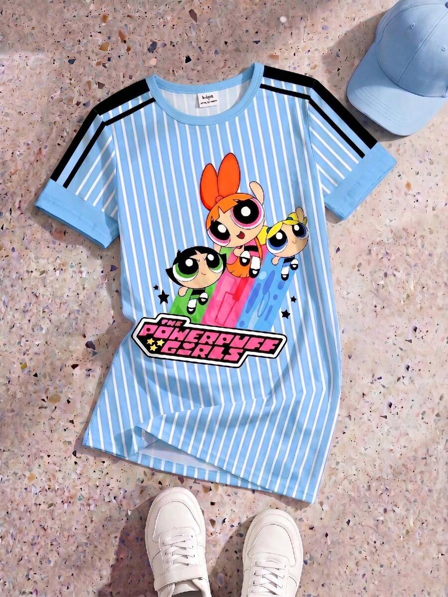 THE POWERPUFF GIRLS X SHEIN GraphicGems 青少年女孩夏季短袖藍白條紋卡通印花洋裝 - 藍色 - 查看 1