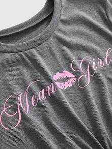 Mean Girls | ROMWE 聯名款卡通圖案印花大尺碼T恤 - 灰色 - 查看 4