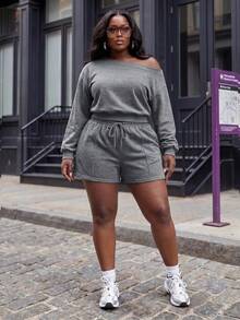 Slaydiva Plus Size Women's Asymmetrical Shoulder Long Sleeve Top And Shorts 2 Pieces Set Formal Vacation Grey Summer Casual Streetwear - Grey - View 8