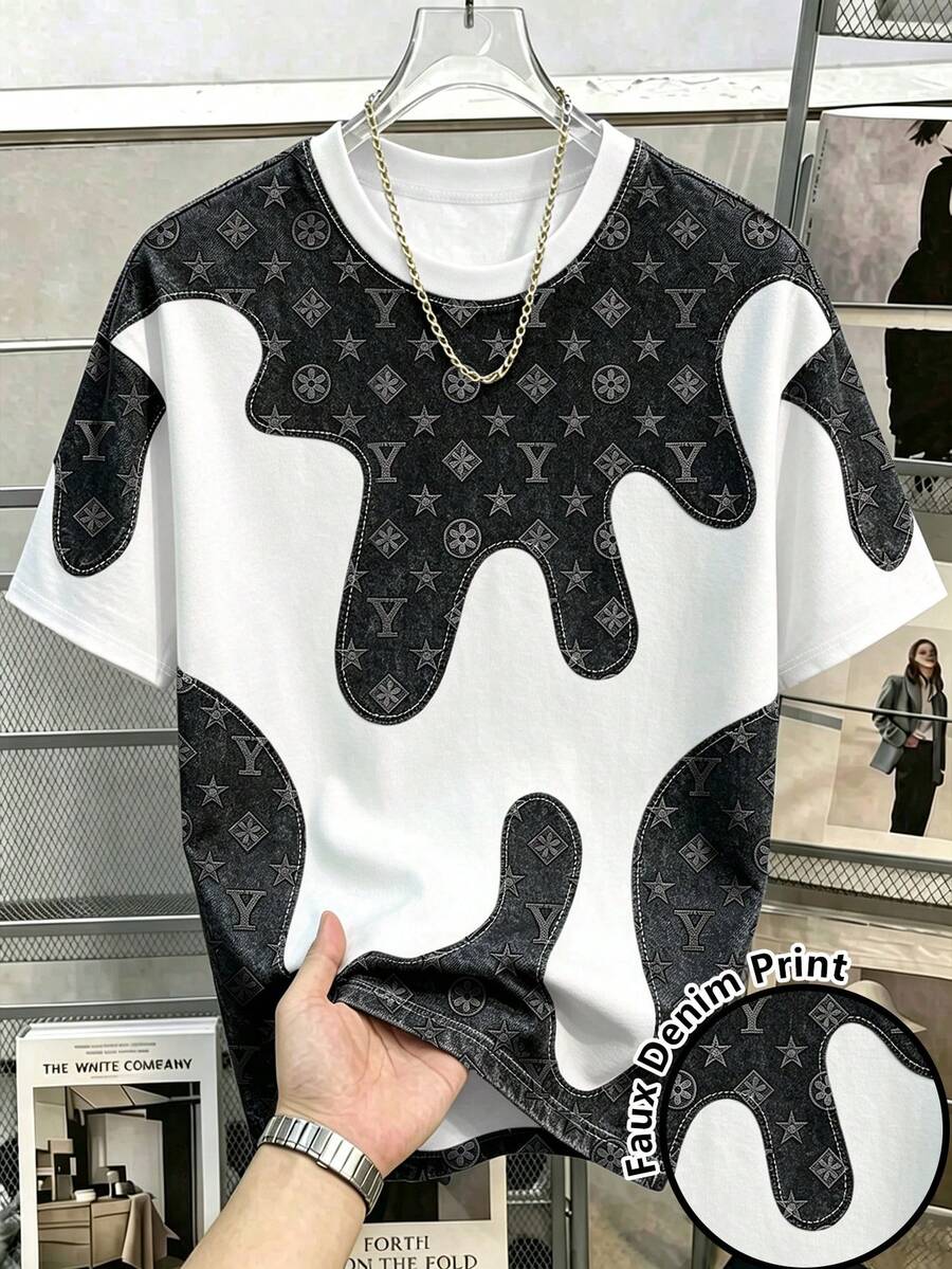 Manfinity Hypemode 美式復古仿丹寧黑白不規則星星與字母花卉印花圓領短袖上衣,奢華做舊仿丹寧襯衫,男女款圖案T恤,夏季休閒度假短袖女裝上衣 - 彩色 - 查看 1