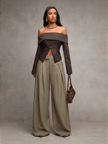 SHEIN BAE Women's Casual Everyday Pleated Wide Leg Pants - Army Green - View 6