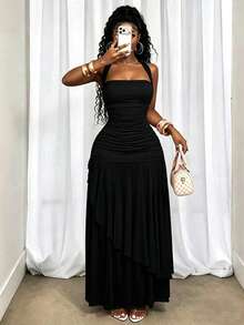 BamGleam Gaun Jala Wanita Warna Polos Berlipit Elegan dengan Leher Halter - Hitam - View 1