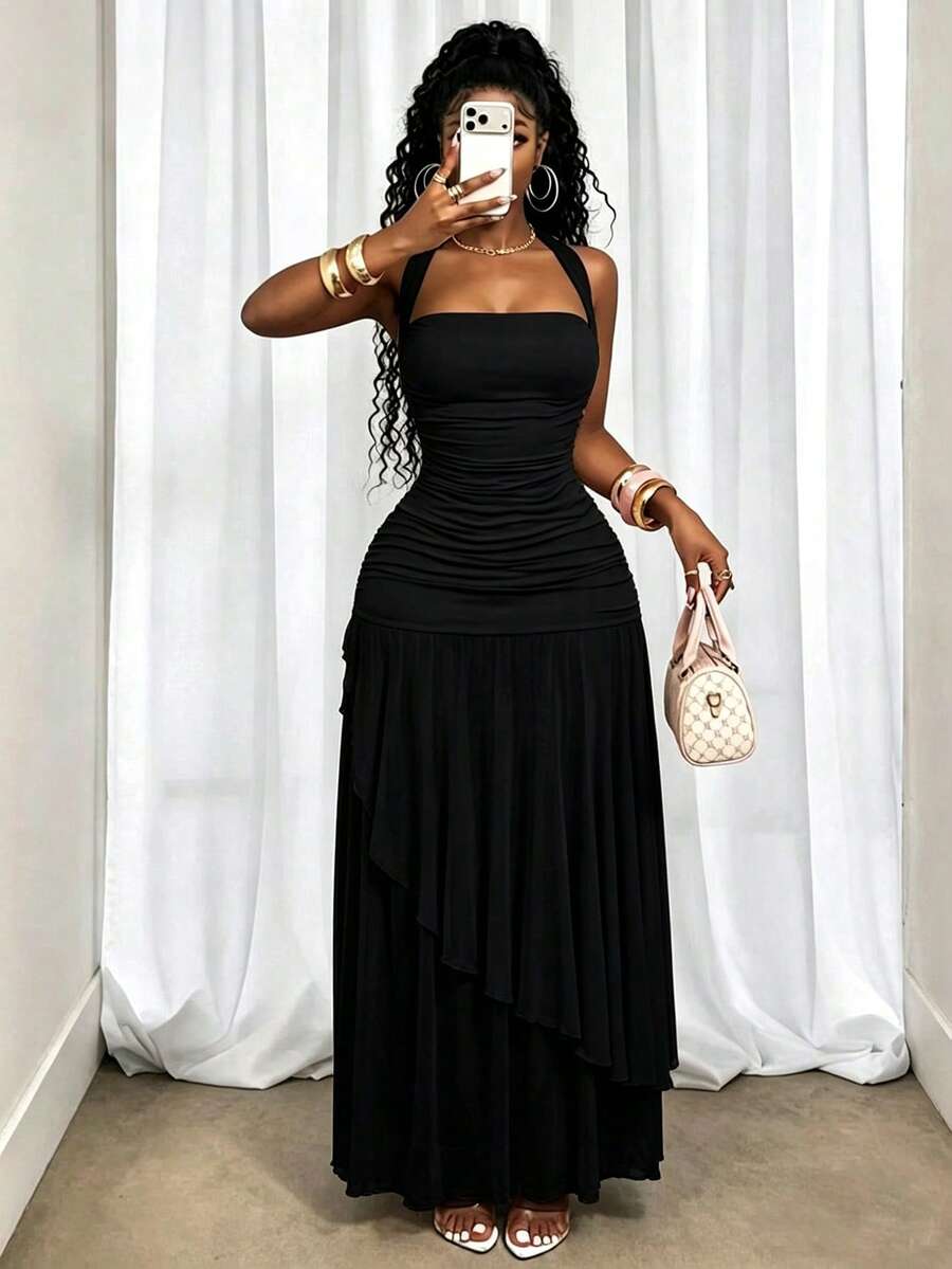 BamGleam Gaun Jala Wanita Warna Polos Berlipit Elegan dengan Leher Halter - Hitam - View 1