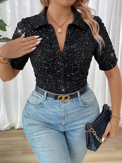 Elenzga تي شيرت أنيق بتصميم مطوي محبوك بأكمام قصيرة للتنقل