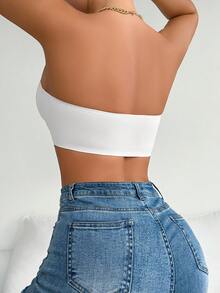 SHEIN 女款純色鈕扣式聚攏罩杯休閒日常無肩帶內衣 - 白色 - 查看 4