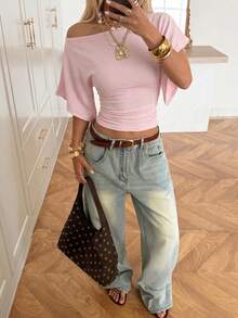 SHEIN EZwear Lotus Root Pink Knit Slim Fit Asymmetrical Shoulder T-Shirt For Women,Summer Top - Dusty Pink - View 6