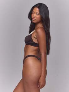 MUSERA Brown Cream Lace Trim Cutout High Leg Thong Knicker - Coffee Brown - View 3