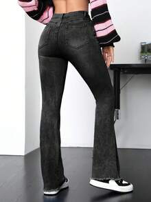 SHEIN PETITE 女款純色斜口袋休閒百搭喇叭腿牛仔褲，適合嬌小女性 - 黑色 - 查看 2