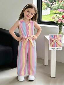 SHEIN Elladie kids 女童休閒度假百搭連身長褲，領口鈕扣前襟附腰帶，舒適柔軟皺褶丹寧風，適合秋季、野餐、出遊、姐妹穿搭、日常穿著 - 彩色 - 查看 5